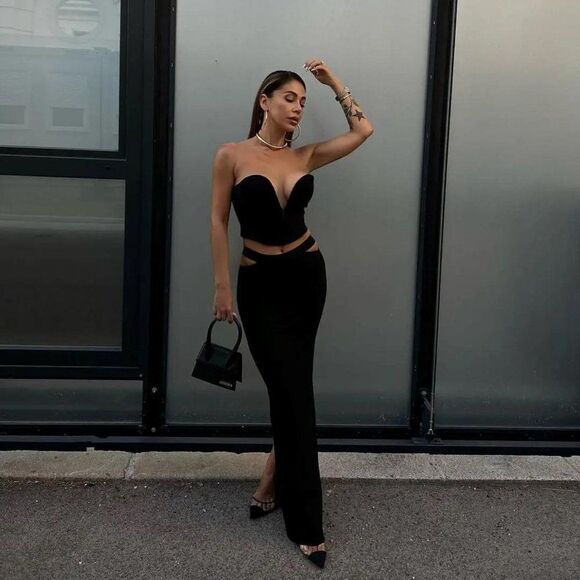 Black Two-Piece Cut-Out Strapless Bustier Top and High-Waist Maxi Dress Set NWT - Picture 1 of 7